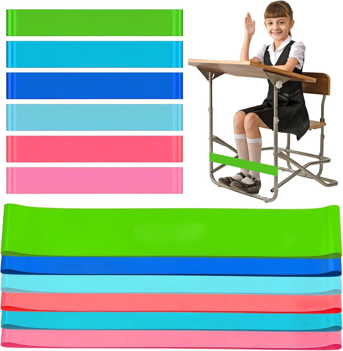SnelShoppen - 6 Stuks Rekbare Stoelbanden in 6 Kleuren | Elastische Band voor Bureaupoten, Zitkracht Training, Yoga, Pilates (Blauw/Roze/Groen)