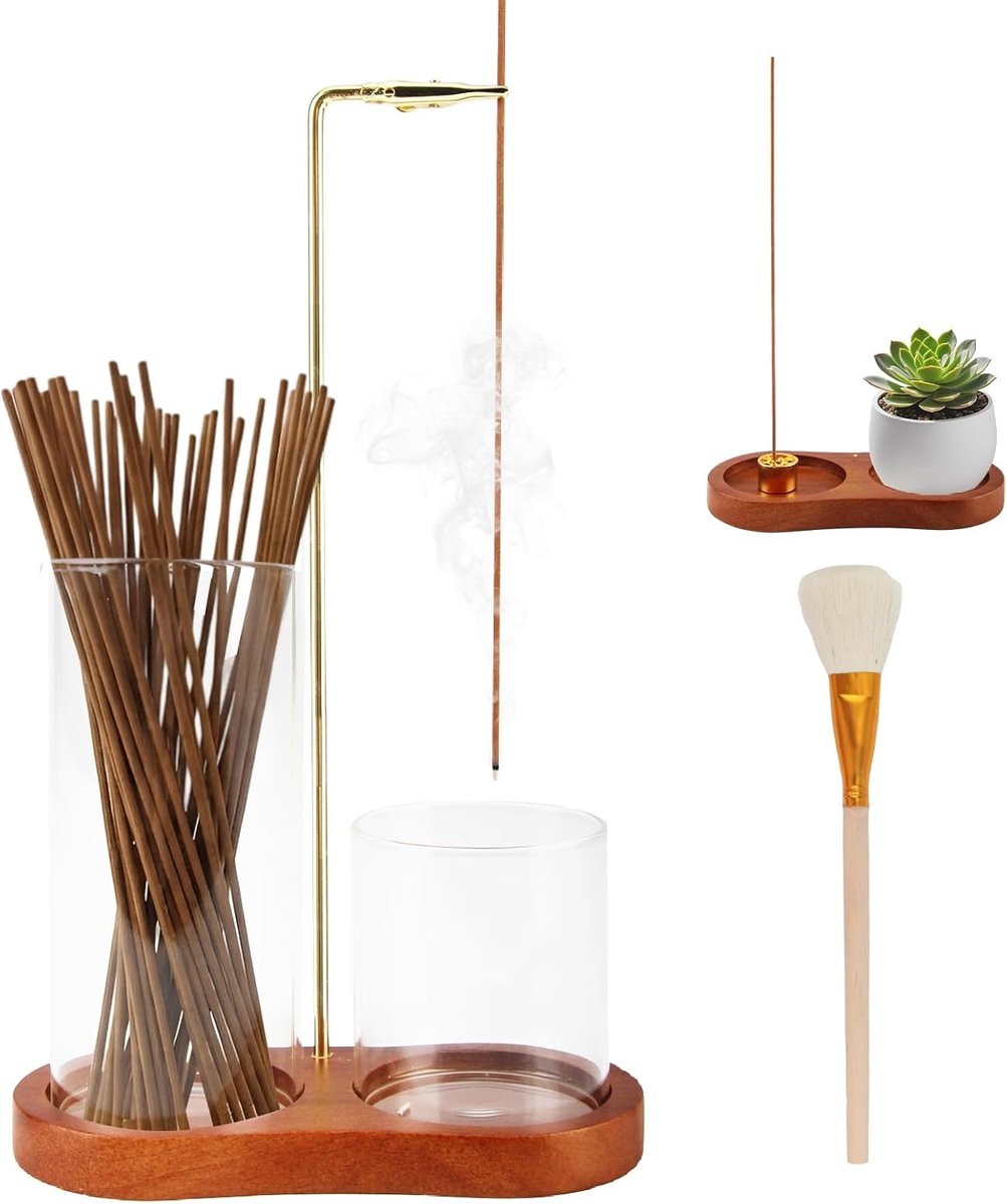 SnelShoppen - Wierookstokjeshouder met Houten Basis en Glazen Schaal, Zen Decoratie voor Yoga, Meditatie, Spa, Thuiskantoor, Compleet met Asvanger