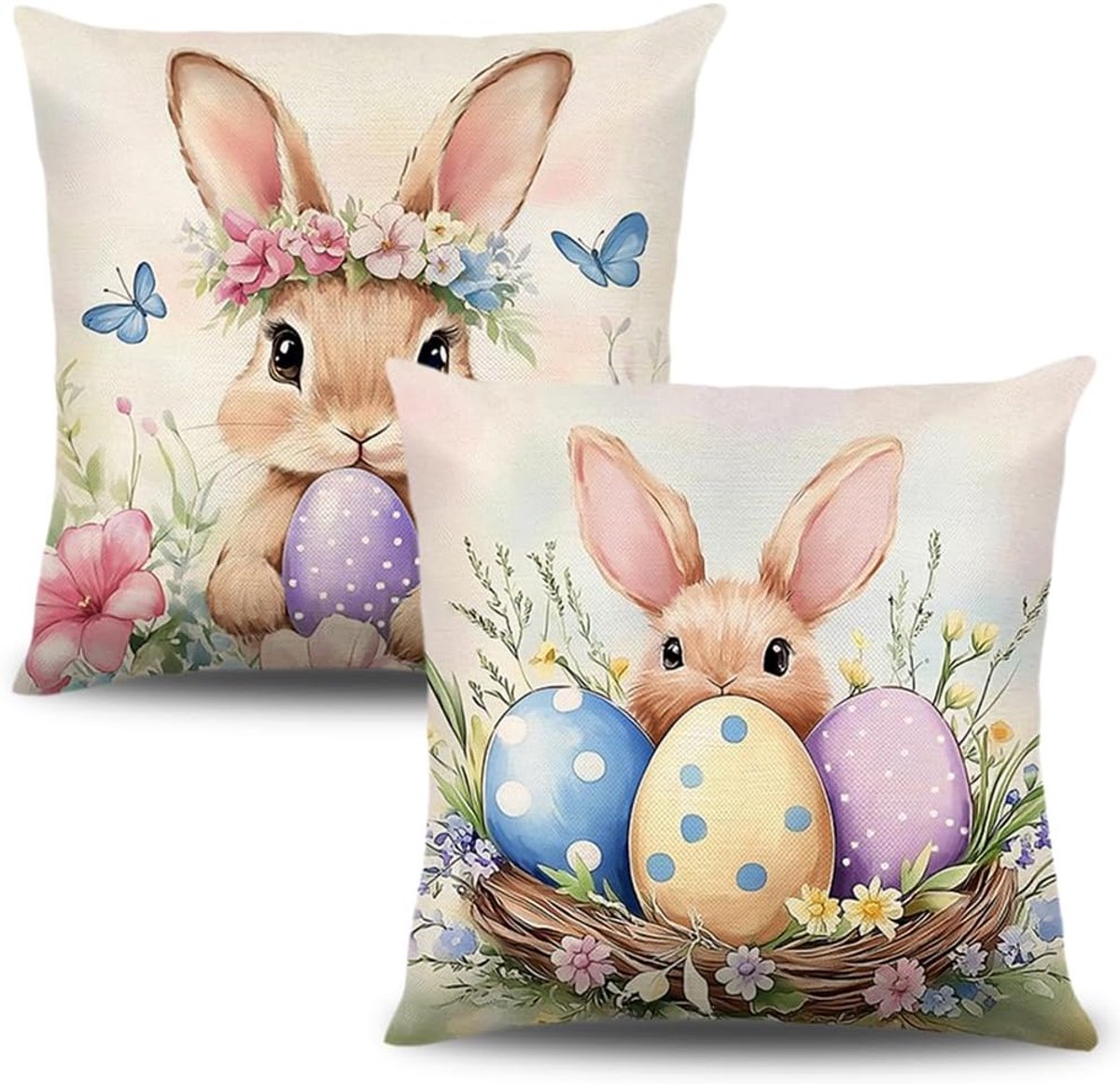 SnelShoppen - 2 stuks kussenslopen voor Pasen 40 x 40 cm, decoratieve linnen kussenslopen met konijn, feestelijke kussenslopen voor woonkamer, bank en
