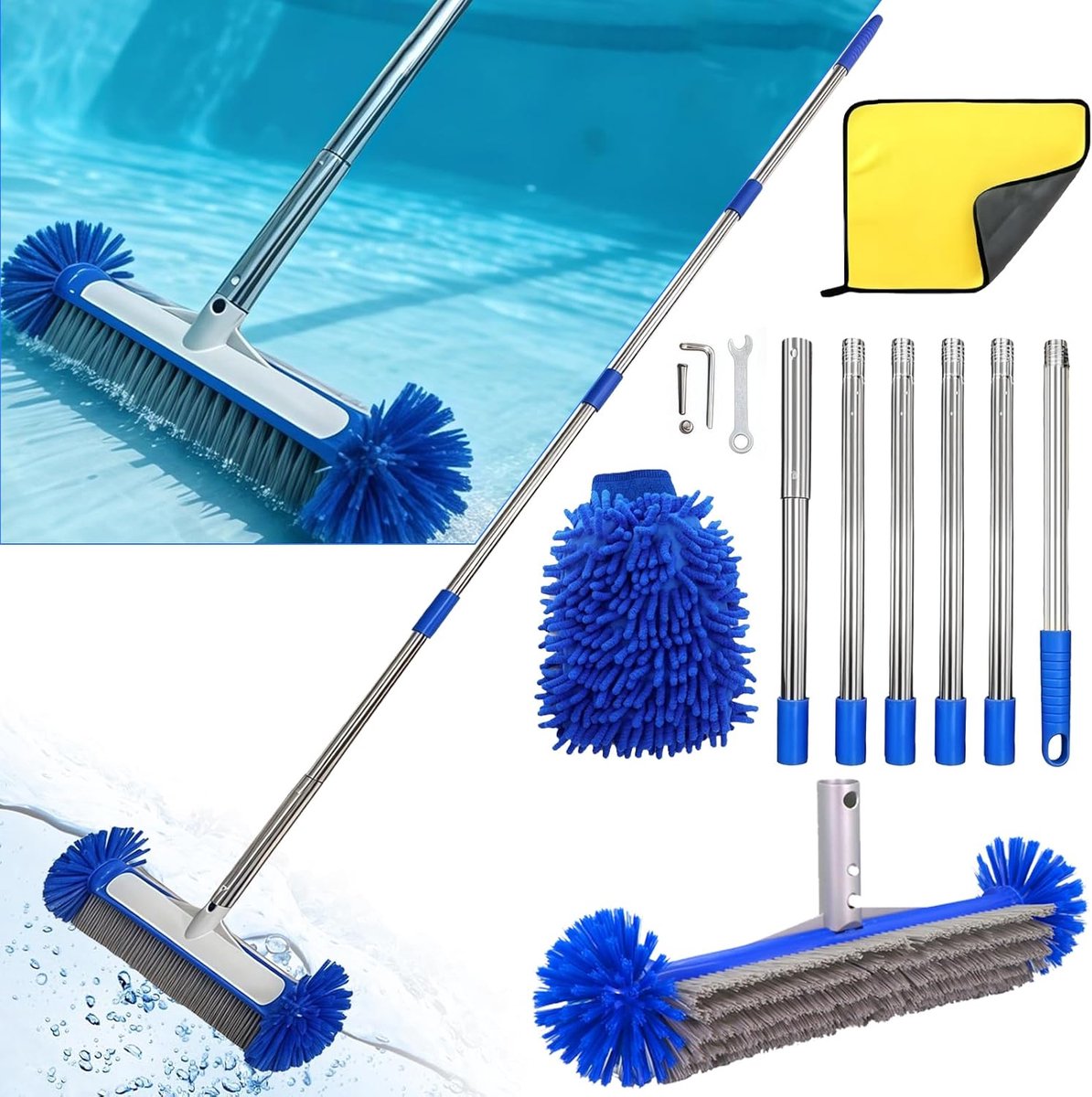 Poolborstel 43 cm - ronde uiteinden - verstelbare aluminium stang - voor optimale zwembadreiniging - ShopVlot