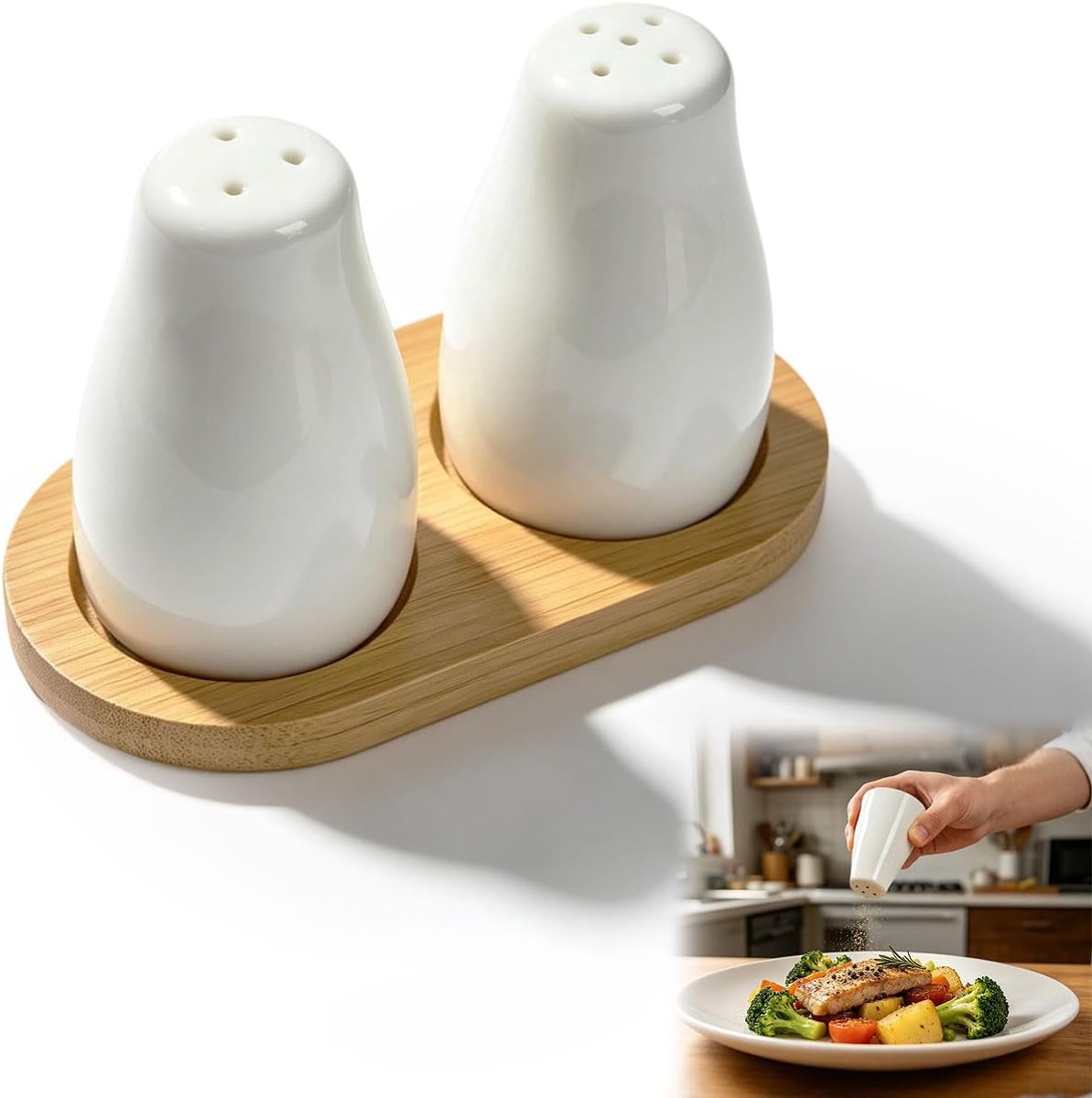 2 pieces salt and pepper shakers ceramic salt shaker white with bamboo tray - ShopVlot