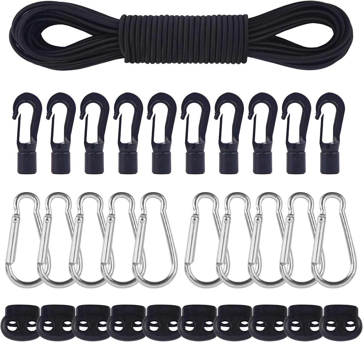Rubber Rope, Elastic Rubber Cord, Black (5mm x 20m + 10pcs Moschettones) - ShopVlot