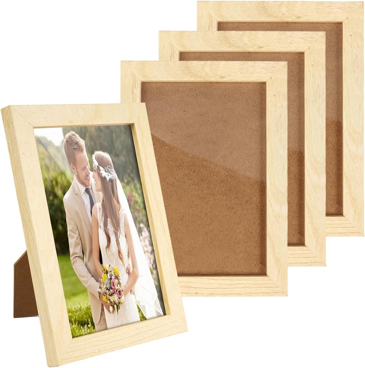 SnelShoppen - 4 Stuks Fotolijsten 10x15cm, Houten Fotolijsten Set met Acrylglas, Bruin Milieuvriendelijk, Hangend en Staand voor Slaapkamer, Woonkamer