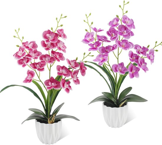 LEIMEND 2 stuks kunstorchideeën in pot, orchidee kunstmatig zoals echt, kunstbloemen in pot, roze, paars, orchidee - ShopVlot