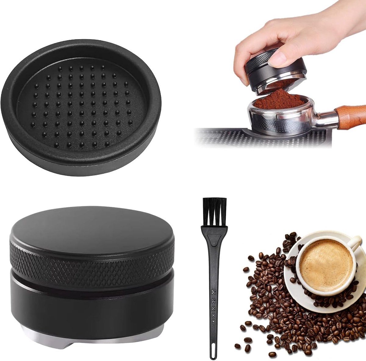 SnelShoppen - Coffee distributor 53 mm, koffie leveler met borstel en siliconen mat, snel en gelijkmatig verdelen van gemalen koffie, duurzaam en lich