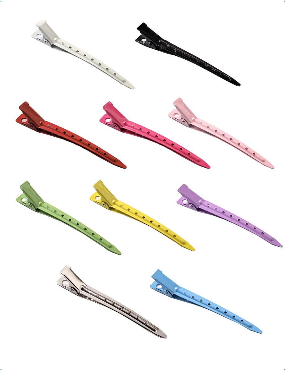 SnelShoppen - Set van 10 Gekleurde Metalen Haarclips 9 cm met Gaten, Duckbill Haarclips voor Styling en Lang Haar, Antislip Krulclips voor Vrouwen en