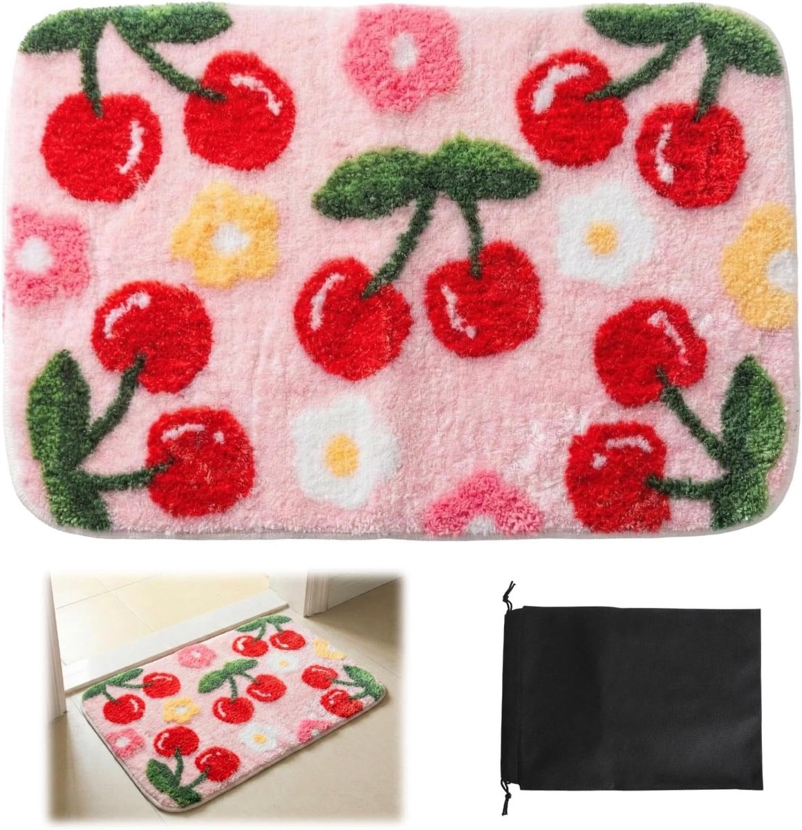 SnelShoppen - Cherry Motief Badmat 40x60cm, Antislip Badkamer Mat, Absorberende Wasbare Roze Douche Mat voor Badkamer Wastafel en Badkuip, Inclusief Z