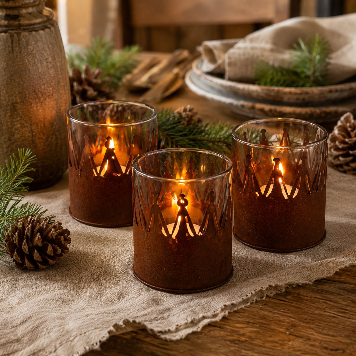 Waxinelichthouders Kroon – Set van 3 – Metalen Theelichthouders met Glas – Ø 7 x 9 cm – Roestbruine Kaarsenhouders voor Kerst, Herfst en Landelijke Woondecoratie – foto 4