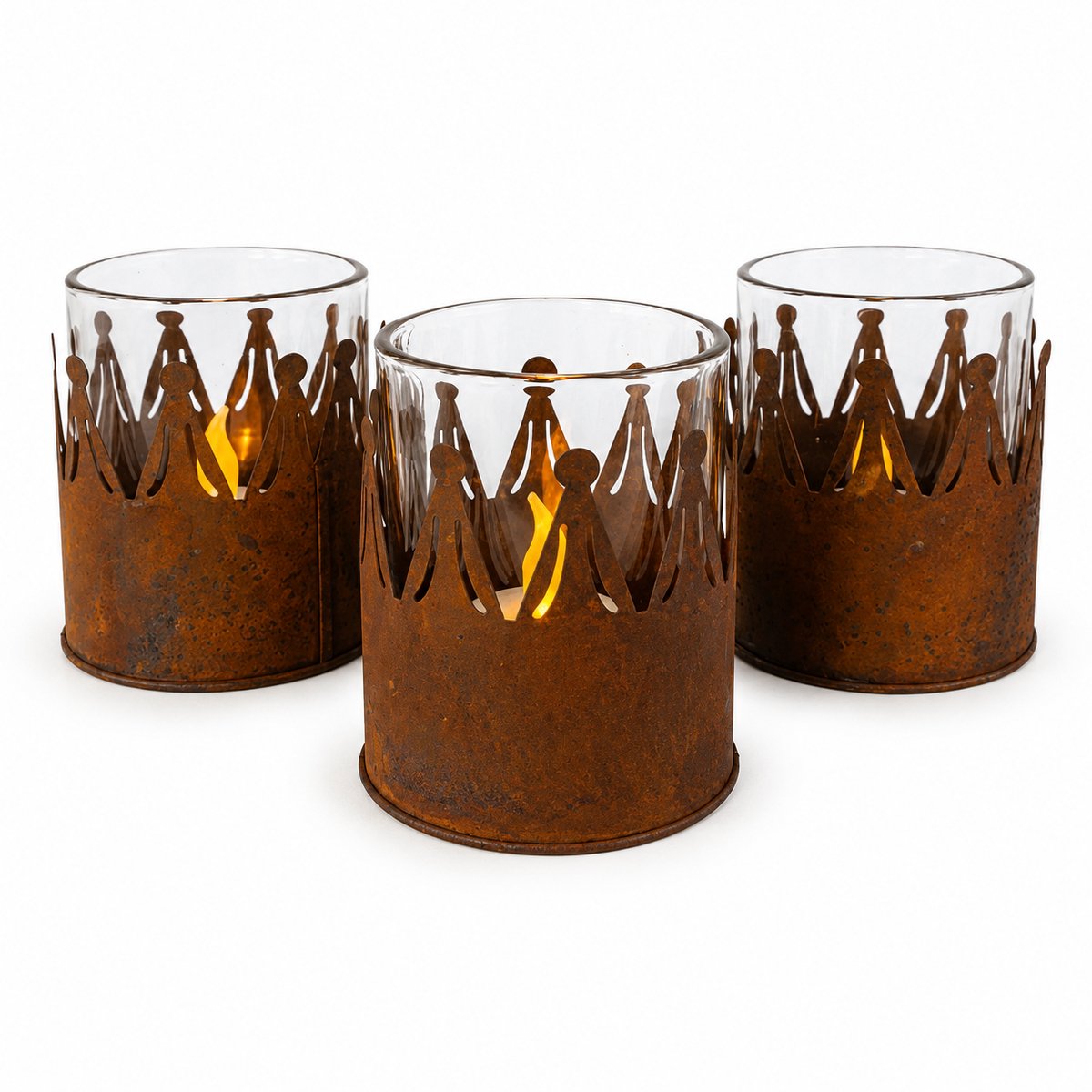 Waxinelichthouders Kroon – Set van 3 – Metalen Theelichthouders met Glas – Ø 7 x 9 cm – Roestbruine Kaarsenhouders voor Kerst, Herfst en Landelijke Woondecoratie