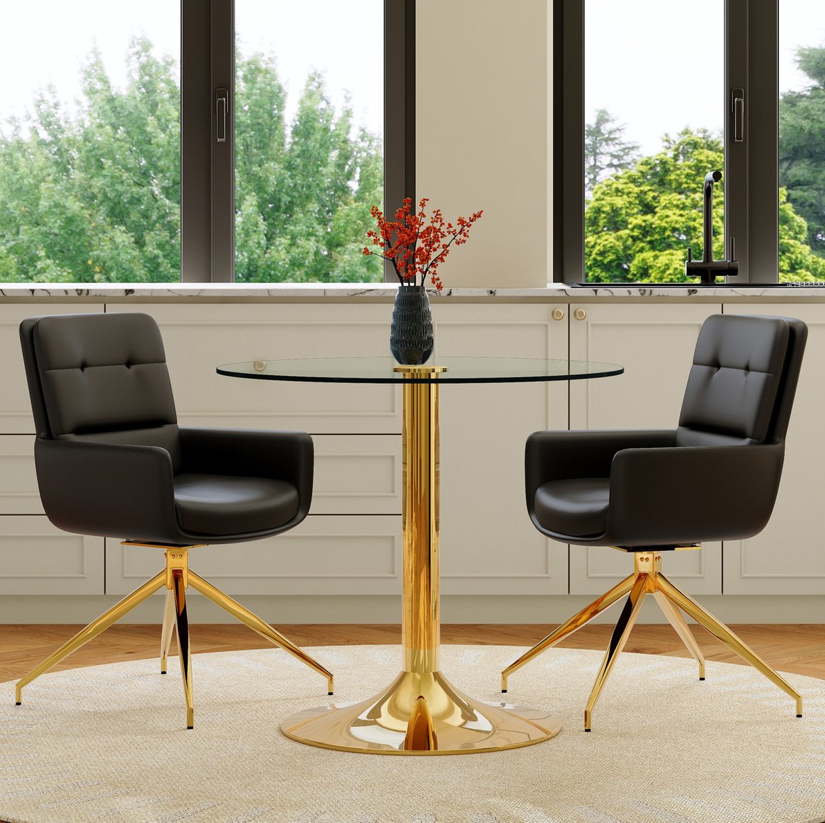 DESMIU Set Tafel En Stoelen 85 Cm - Ronde Gehard Glazen Eettafel Met 2 360 Graden Draaibare Stoelen - Eethoek - Metaal Zwart Goud Transparant