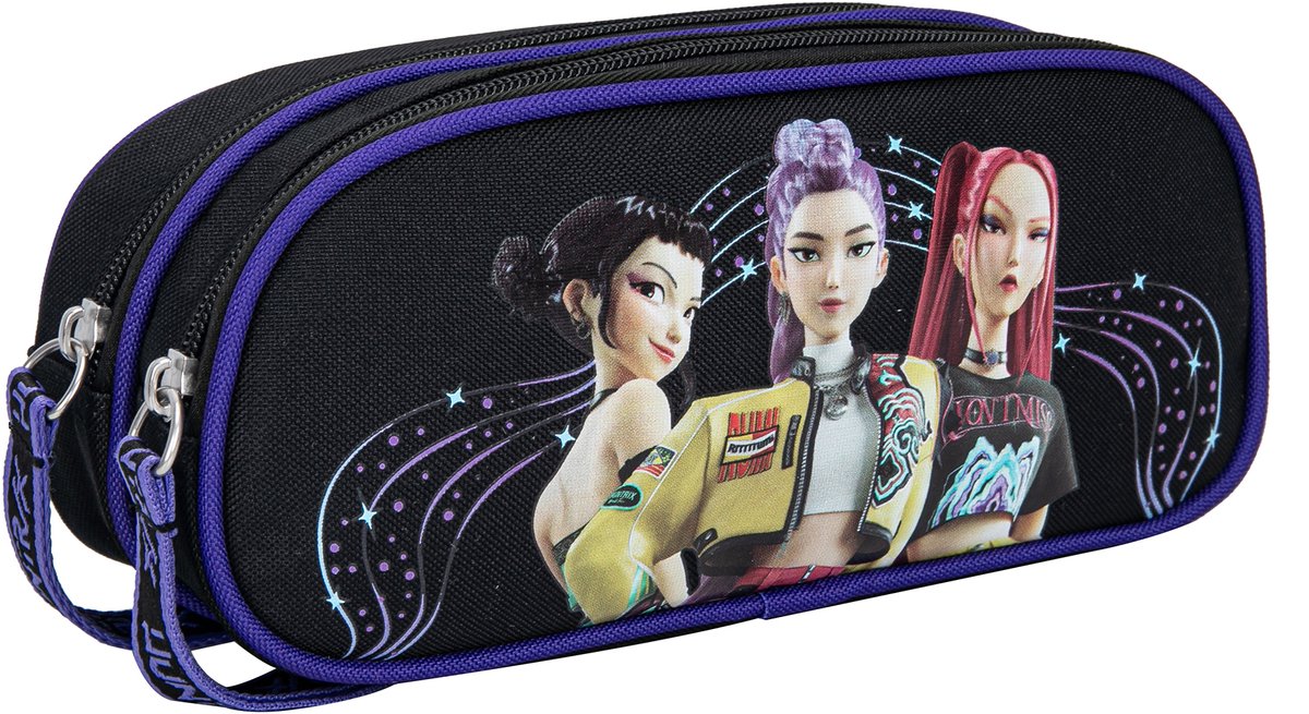 Kpop Demon Hunters Etui Meisjes – HUNTR/X Pennenzak met Rumi, Mira en Zoey – Zwart en Paars – 2 Vakken