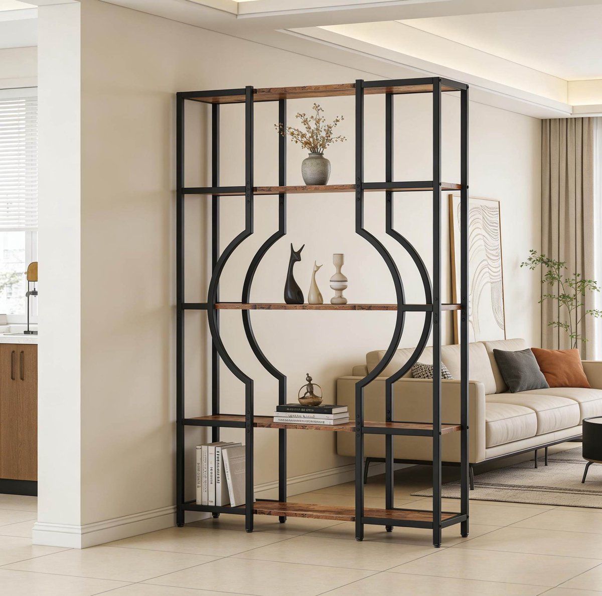 REDOM - Boekenkast - 5-laags open opbergrek - Met wandbevestiging - Metaal en MDF - Vintage stijl - Woonkamer of werkkamer - Zwart en rustiek bruin - 104 x 30 x 169 cm