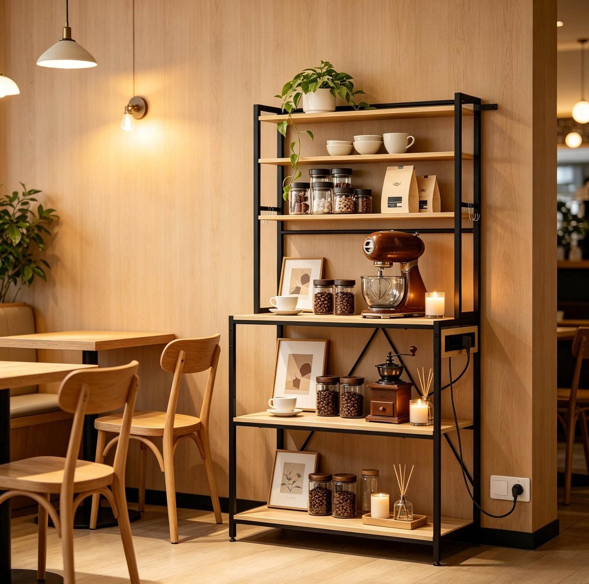 REDOM - Kast - Open keukenrek met stopcontacten - 6 open planken en 6 S-haken - Verstelbare plank - Metaal en spaanplaat - Licht eiken - 80 x 167 x 40 cm