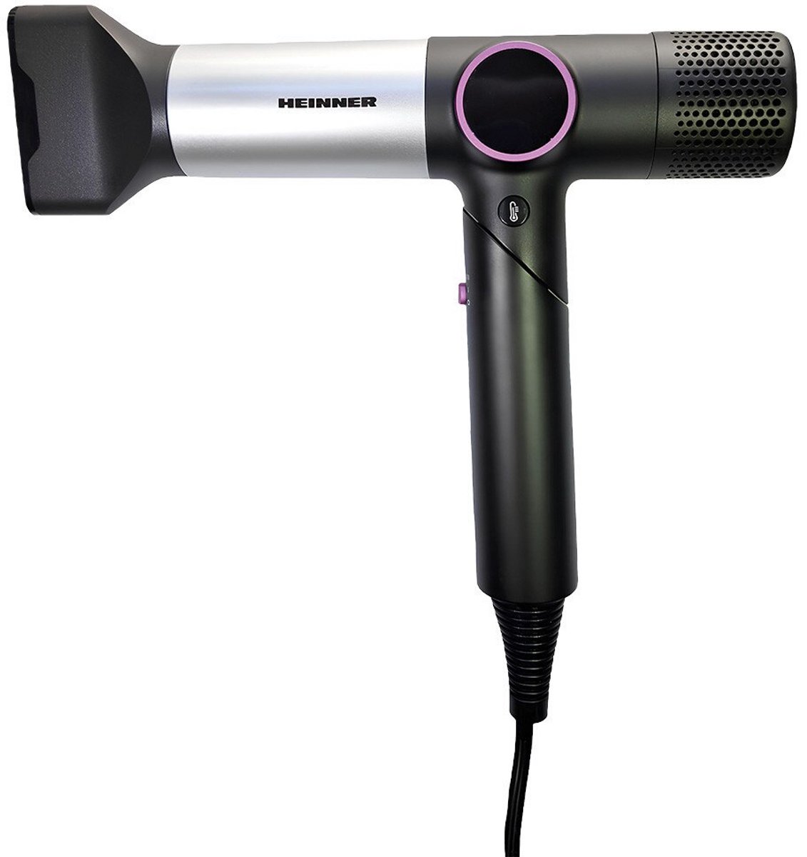 Heinner Professionele Föhn – 1600 W BLDC-motor – Digitaal Display – 2 Snelheidsstanden – 3 Temperatuurstanden – Ionische Functie – Koude Lucht – Concentrator en Diffuser – Inklapbare Handgreep – Zwart/Grijs