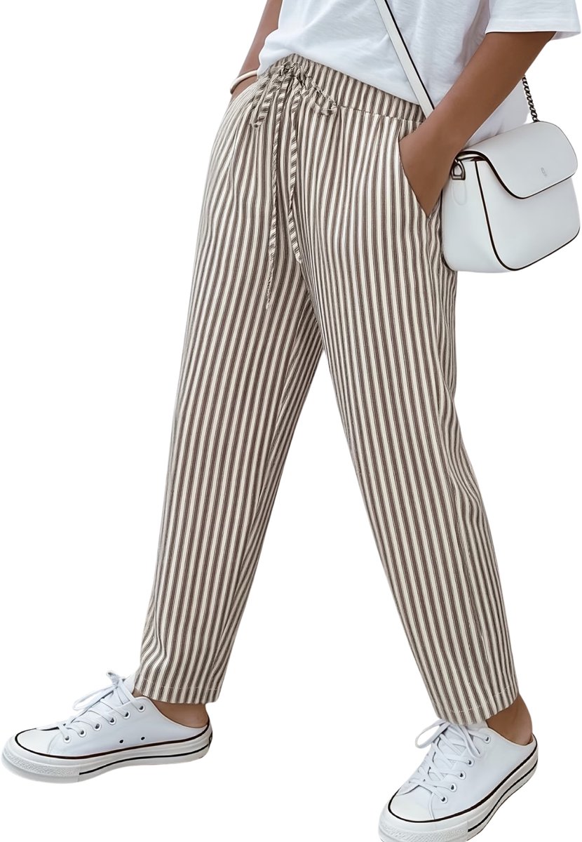 Currero Gestreepte Broek Dames and Striped Pants Yacht Club Linnen Broek Zomerbroek Volwassenen Lange Broek Strandbroek Creme