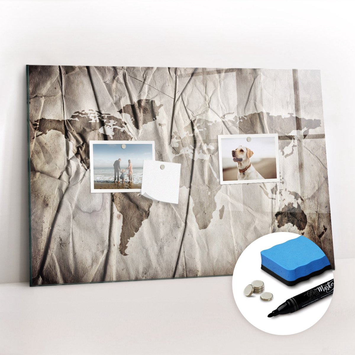 Tulup Whitebord - Wereldkaartpatroon - 60 x 40 cm - Grijs Memobord Magnetisch - Gratis 5 Sterke Magneten + Whiteboard Marker & Wisser - Design Memobord - Magnetic Board - Inspiratiebord Kantoor