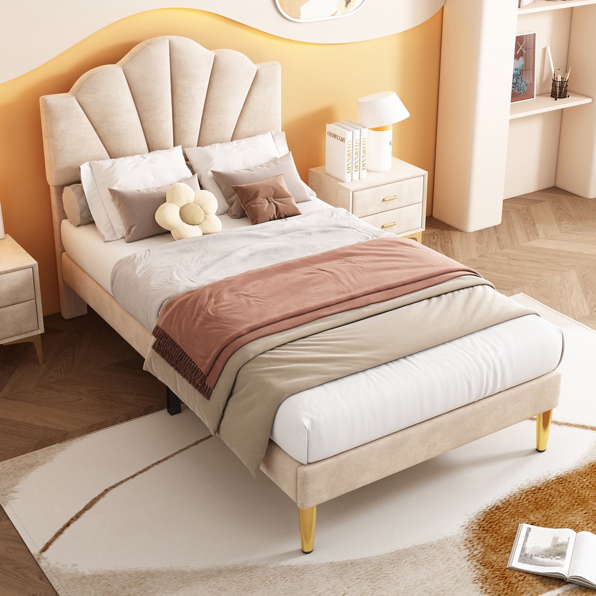 Gestoffeerd Bed 90x200 cm - Eenpersoonsbed Met Velvet Bekleding, Schelpvormig Hoofdbord, Verstelbaar Hoofdbord, Gouden Metalen Poten, Lattenbodem, Luxe Bedframe Beige
