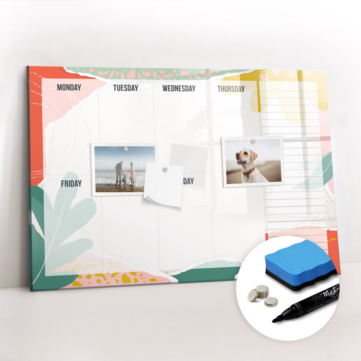 Tulup Whitebord - Eenvoudige weekplanner - 60 x 40 cm - Veelkleurig Magneetbord Design - Gratis 5 Sterke Magneten + Whiteboard Marker & Wisser - Decoratief Magnetisch Bord - Magnetic Board - Productiviteit Tools