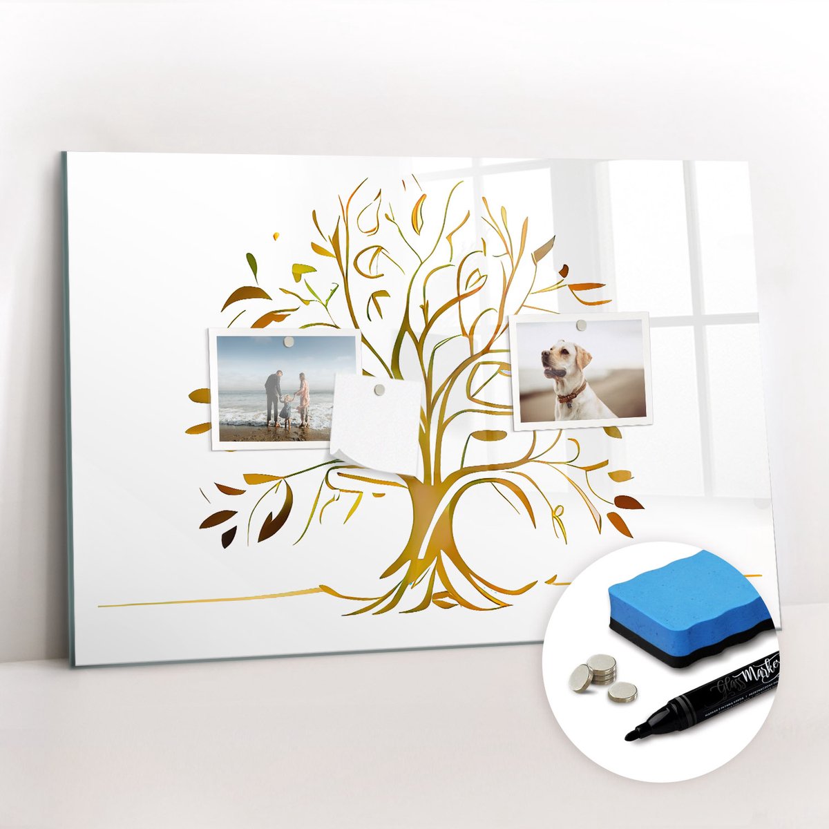 Tulup Whitebord - Gouden boom - 60 x 40 cm - Geel Metalen magneetborden met lijst - Gratis 5 Sterke Magneten + Whiteboard Marker & Wisser - Design Memobord - Memo Magneetbord - Productiviteit Tools