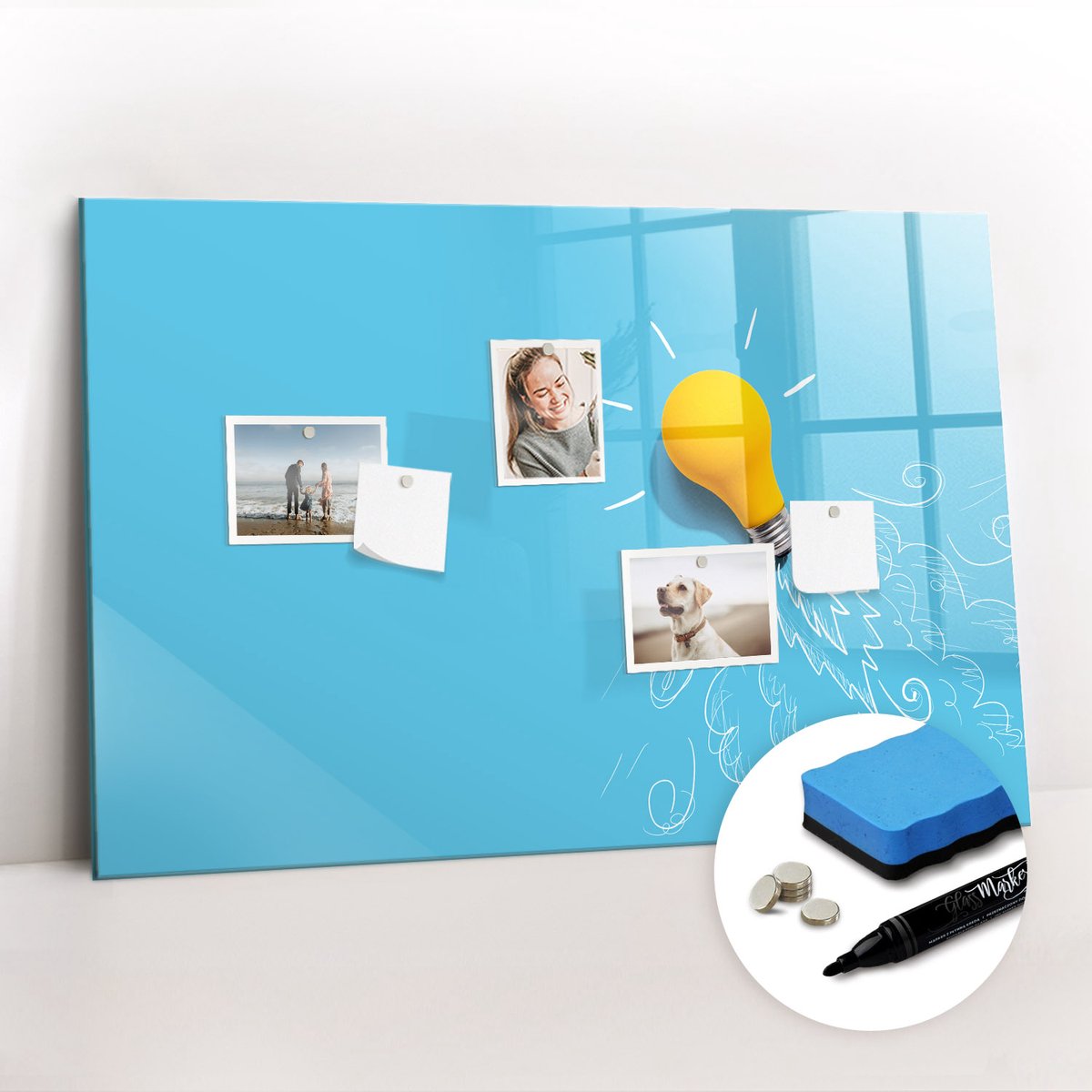 Tulup Whitebord - Tekening van een gloeilamp - 90 x 60 cm - Blauw Magnetisch Memobord - Gratis 5 Sterke Magneten + Whiteboard Marker & Wisser - Decoratief Magnetisch Bord - Memobord Keuken - Inspiratiebord Kantoor