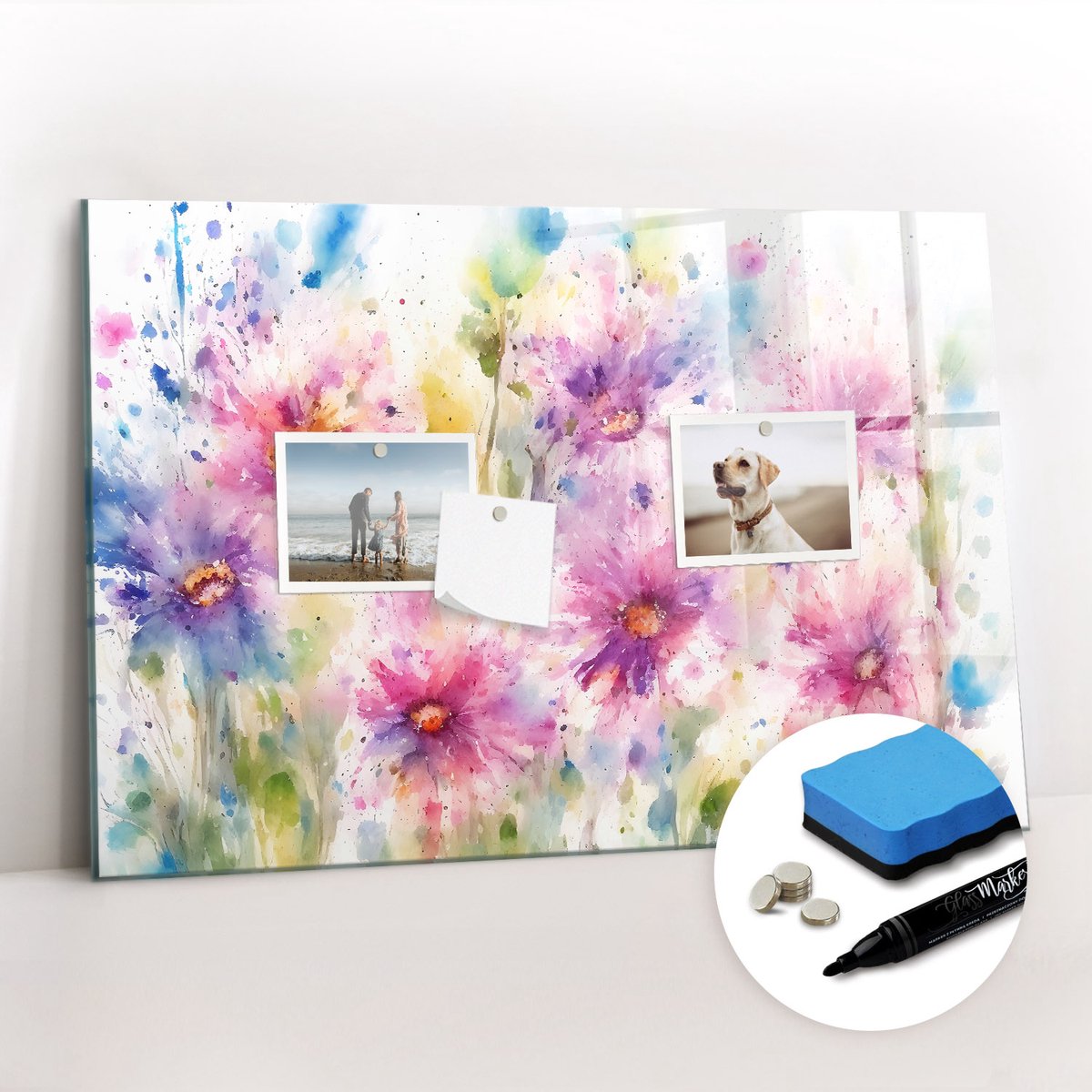 Tulup Whitebord - Geschilderde bloemen - 60 x 40 cm - Veelkleurig Magneetbord Foto - Gratis 5 Sterke Magneten + Whiteboard Marker & Wisser - Scandinavisch Design Bord - Memobord Keuken - Organiseer Je Bureau