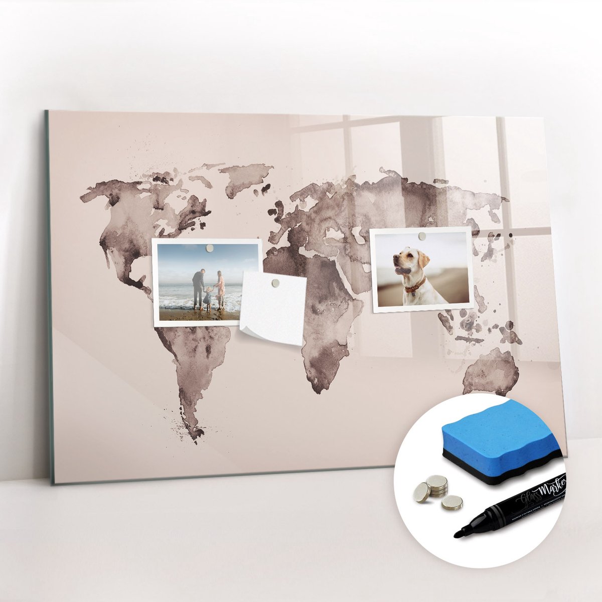 Tulup Whitebord - Inktkaart van de wereld - 60 x 40 cm - Grijs Memo Magneetbord - Gratis 5 Sterke Magneten + Whiteboard Marker & Wisser - Industrieel Wandbord - Memo Bord - Inspiratiebord Kantoor