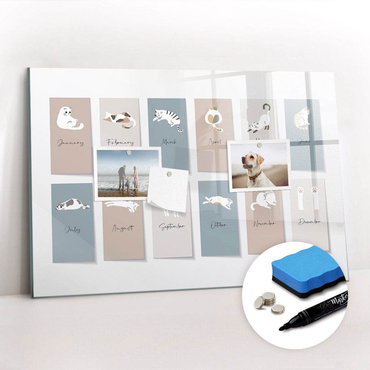 Tulup Whitebord - Kattenkalender - 60 x 40 cm - Beige Magneetbord Foto - Gratis 5 Sterke Magneten + Whiteboard Marker & Wisser - Scandinavisch Design Bord - Magneetbord Foto - Organiseer Je Bureau