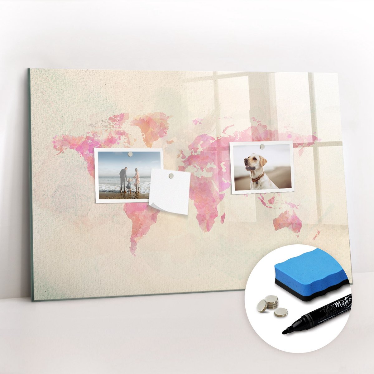 Tulup Whitebord - Wazige wereldkaart - 60 x 40 cm - Roze Magneetbord Foto - Gratis 5 Sterke Magneten + Whiteboard Marker & Wisser - Minimalistisch Prikbord - Magneetbord Design - Notitiebord Werkplek