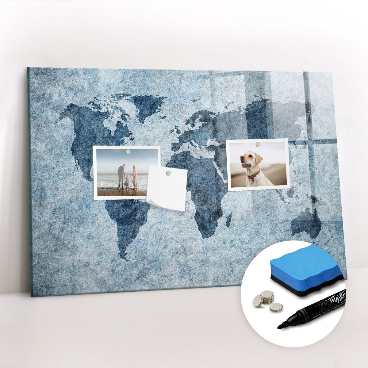 Tulup Whitebord - Geschilderde wereldkaart - 60 x 40 cm - Blauw Memo Bord - Gratis 5 Sterke Magneten + Whiteboard Marker & Wisser - Minimalistisch Prikbord - Magneetbord Muur - Organiseer Je Bureau
