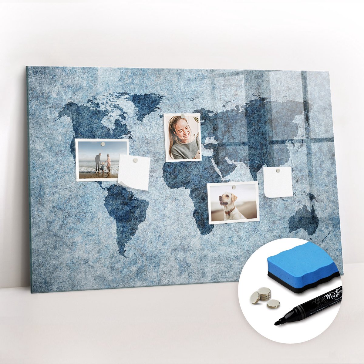 Tulup Whitebord - Geschilderde wereldkaart - 90 x 60 cm - Blauw Magnet Board - Gratis 5 Sterke Magneten + Whiteboard Marker & Wisser - Stylish Memo Board - Magneetbord Keuken - Organiseer Je Bureau