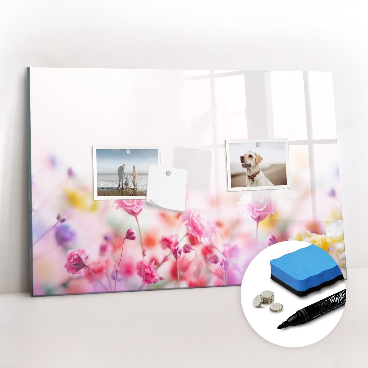 Tulup Whitebord - Bloemen in de weide - 60 x 40 cm - Veelkleurig Magnetisch Bord - Gratis 5 Sterke Magneten + Whiteboard Marker & Wisser - Wanddecoratie Kantoor - Memobord Glas - Inspiratiebord Kantoor