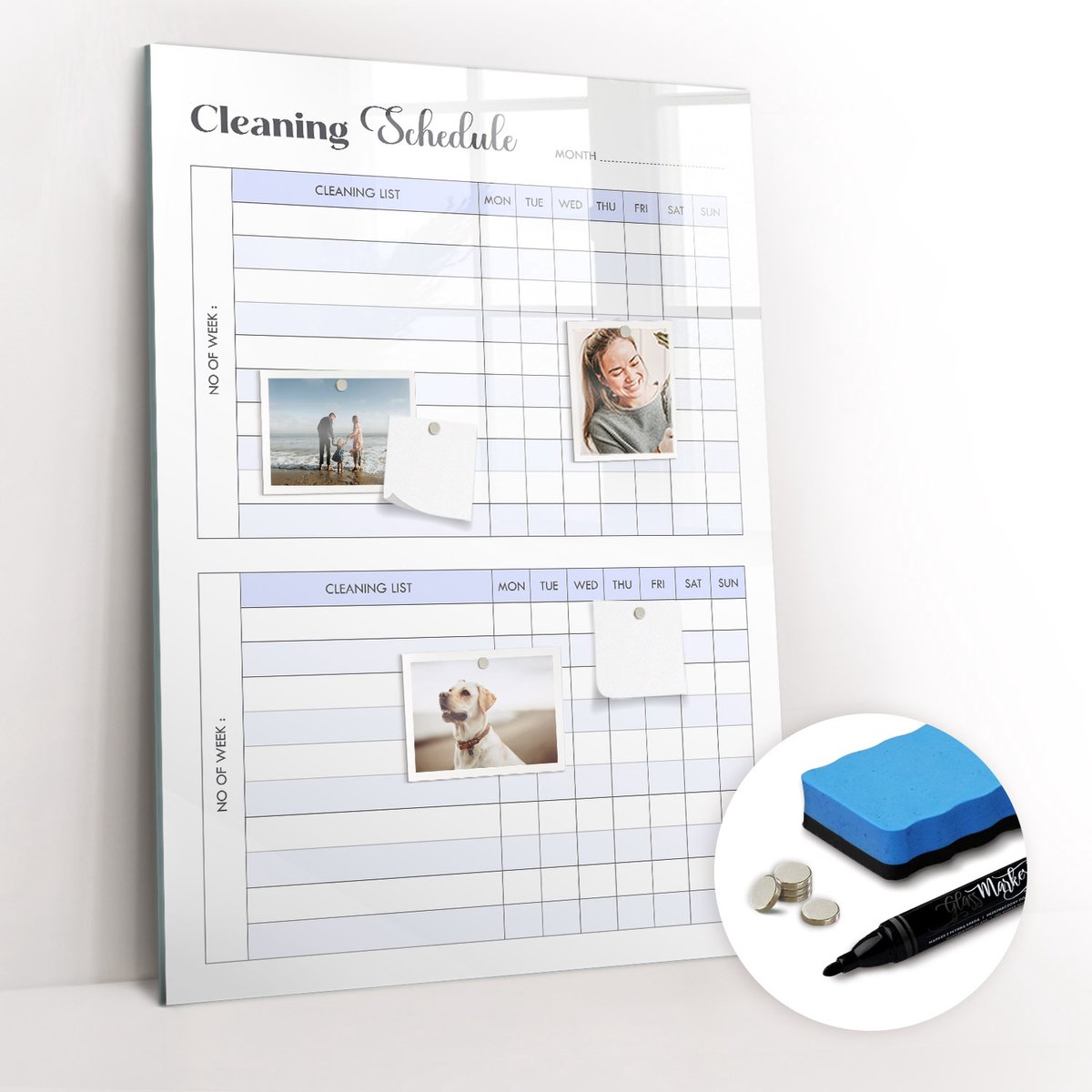 Tulup Whitebord - Schoonmaakschema - 70 x 100 cm - Blauw Memobord Glas - Gratis 5 Sterke Magneten + Whiteboard Marker & Wisser - Wanddecoratie Kantoor - Memo Bord - Productiviteit Tools