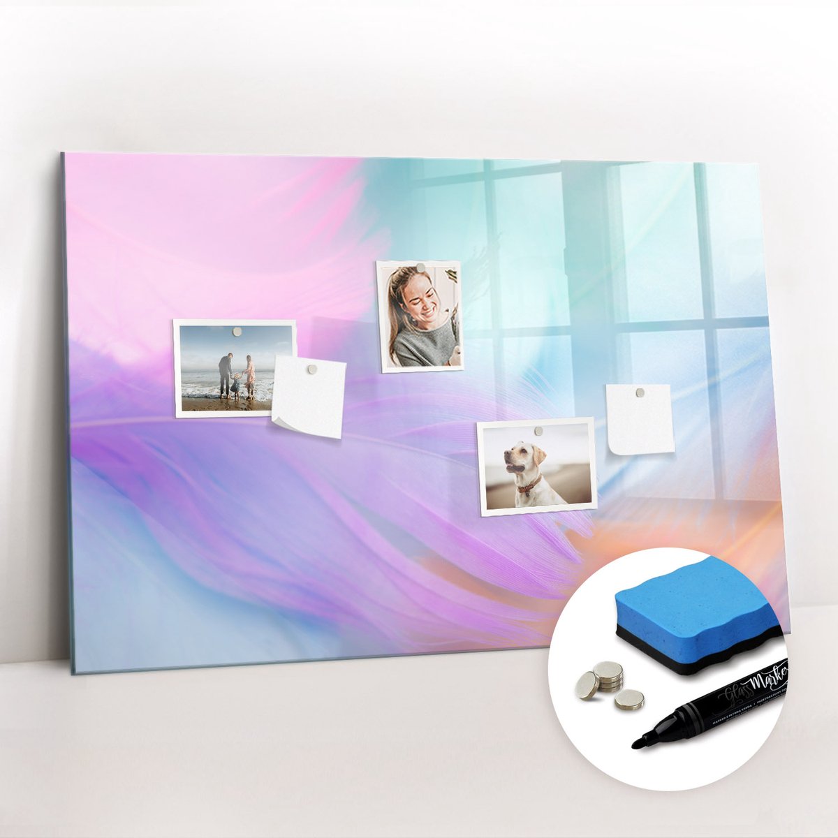 Tulup Whitebord - Kleurrijke veren - 90 x 60 cm - Veelkleurig Magnetisch Memobord - Gratis 5 Sterke Magneten + Whiteboard Marker & Wisser - Scandinavisch Design Bord - Magnetisch Wandbord - Organiseer Je Bureau