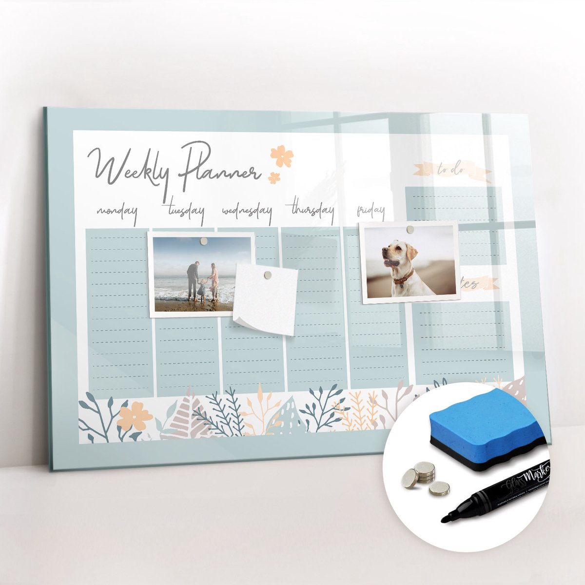 Tulup Whitebord - Weekschema - 60 x 40 cm - Blauw Magneetbord Foto - Gratis 5 Sterke Magneten + Whiteboard Marker & Wisser - Stylish Memo Board - Memo Bord - Organiseer Je Bureau