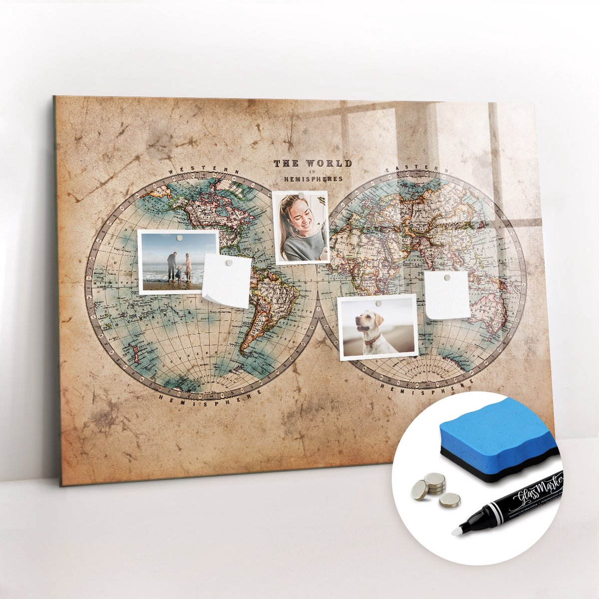 Tulup Whitebord - Wereldbolkaart - 100 x 70 cm - Bruin Magnet Board - Gratis 5 Sterke Magneten + Whiteboard Marker & Wisser - Minimalistisch Prikbord - Magneetbord Design - Notitiebord Werkplek