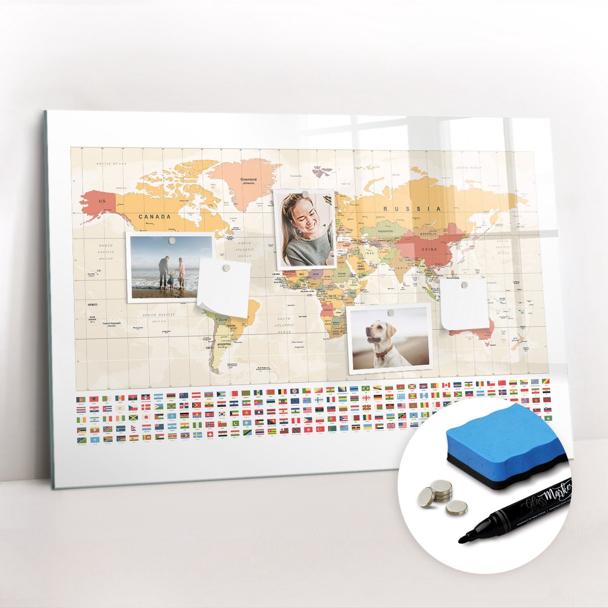 Tulup Whitebord - Wereldkaartproject - 90 x 60 cm - Oranje Memobord Magnetisch - Gratis 5 Sterke Magneten + Whiteboard Marker & Wisser - Moderne Wanddecoratie - Magneetbord Keuken - Notitiebord Werkplek