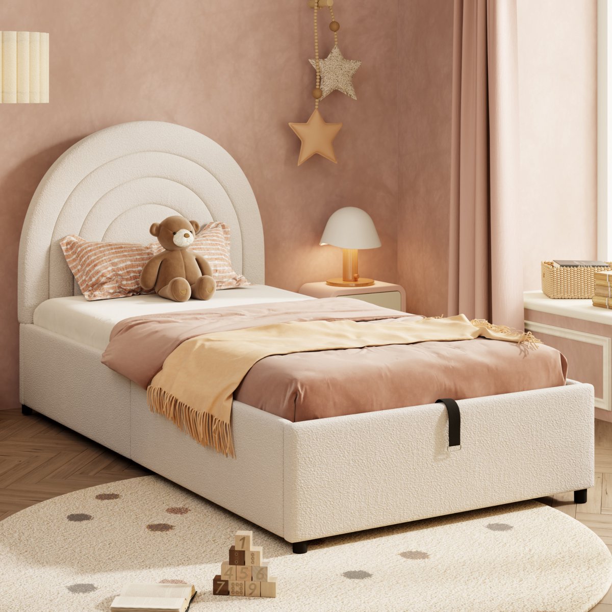 Gestoffeerd Bed 90x200 cm - Kinderbed Met Hoofdbord, Opbergruimte, Lattenbodem En Ribstof Beige