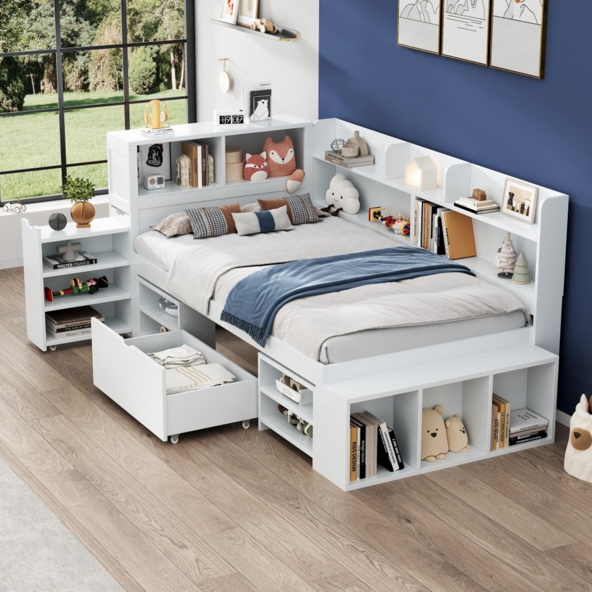 Kinderbed 90x200 cm met opbergruimte - Multifunctioneel bed met schuifladen en boekenkast - Wit