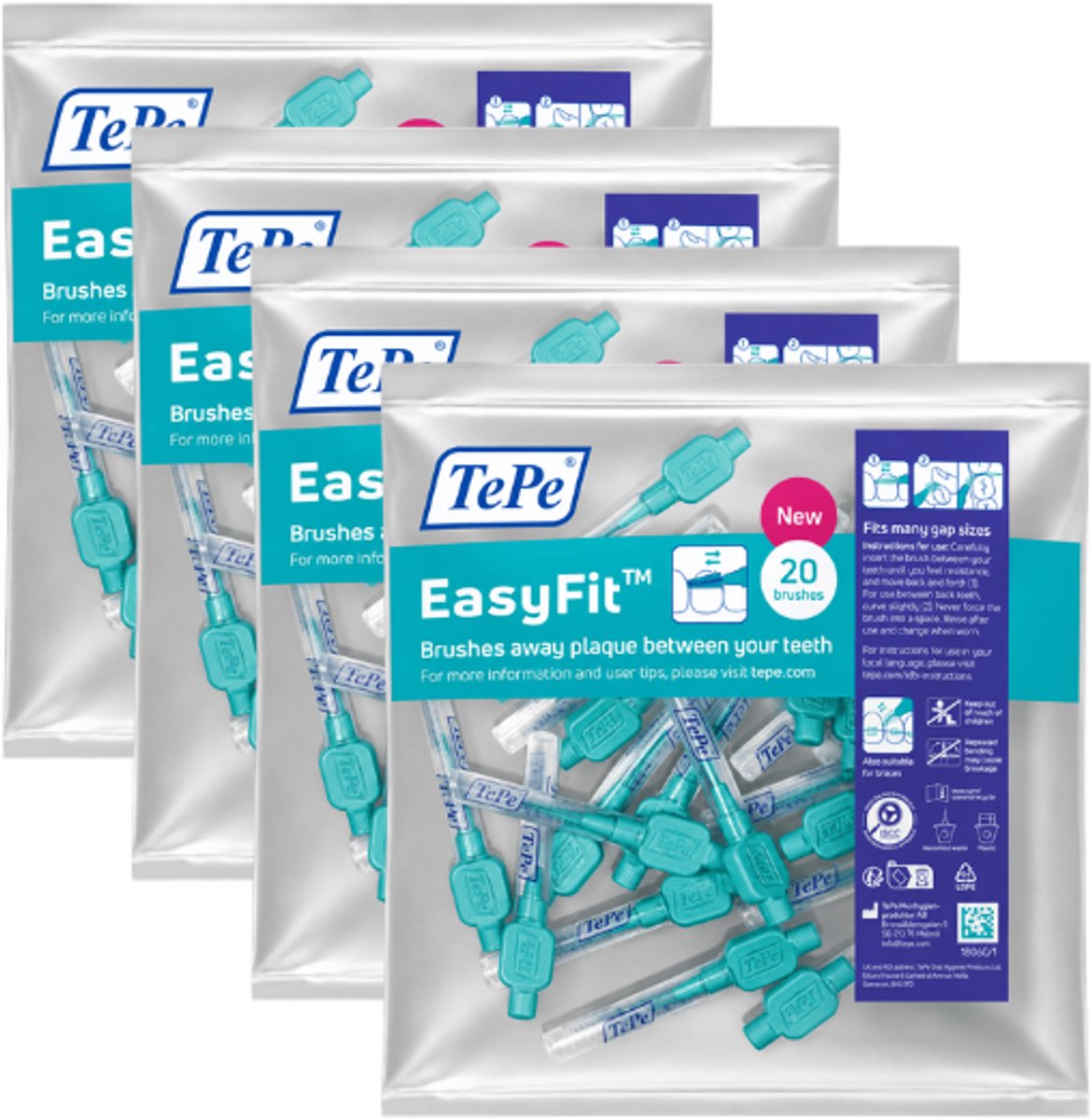 TePe EasyFit Interdentale Ragers Maat S/M Blauw (Turquoise) - 4 x 20 stuks