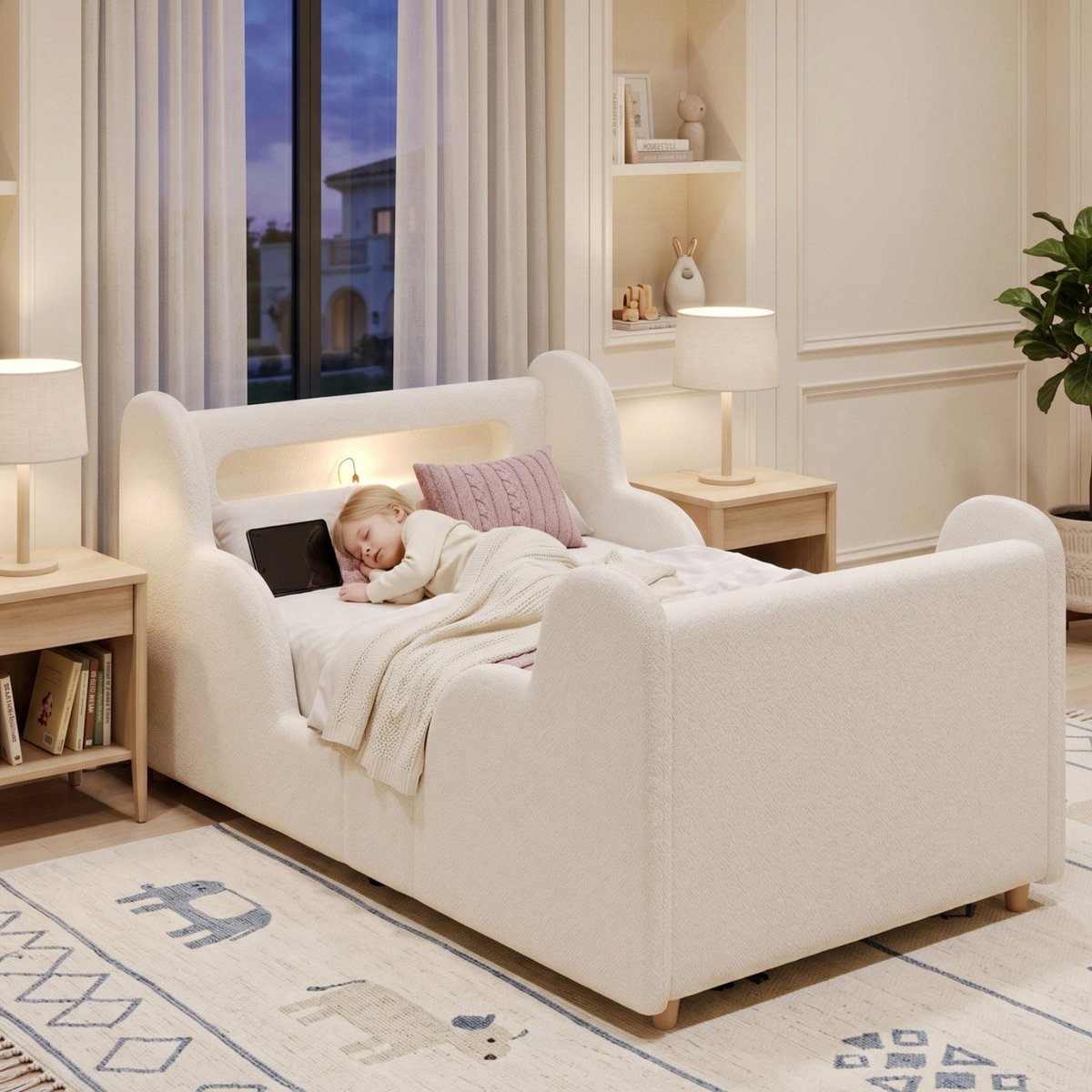 Kinderbedje Wolkenvorm - Beige Bouclé - 90 x 200 cm met Nachtlicht en USB-Aansluiting