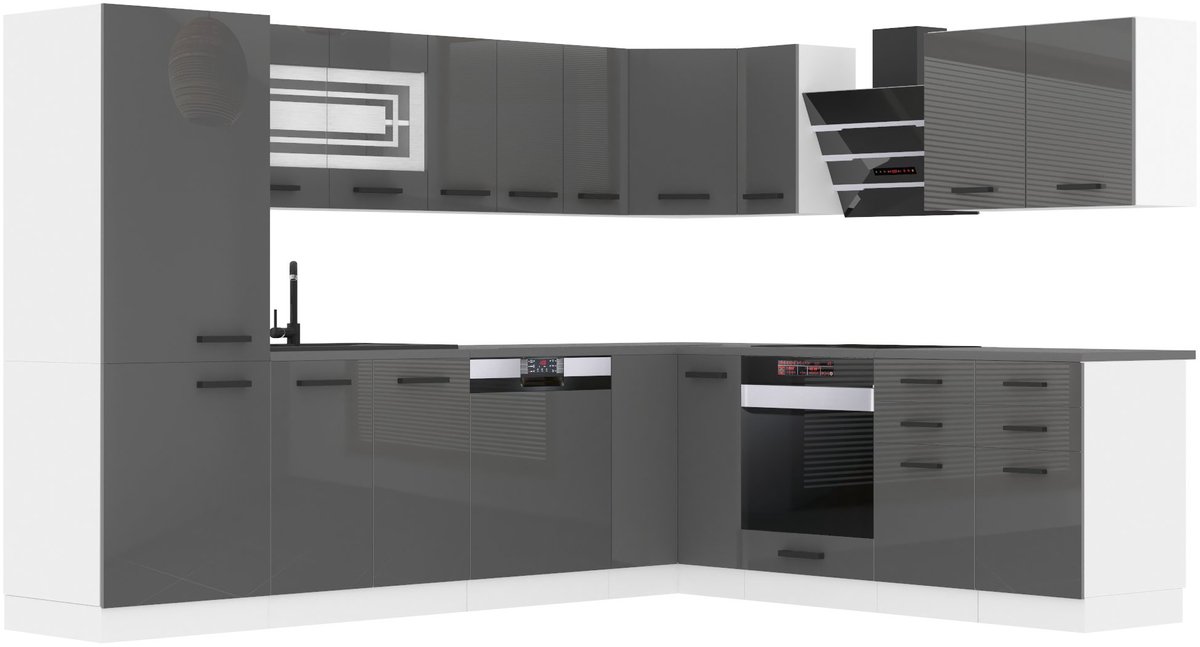 BELINI L-Vorm Keukenblok JULIE - Keukenmeubel Set 460 cm Zilver Hoogglans zonder Werkbladen - Boven- en Onderkasten
