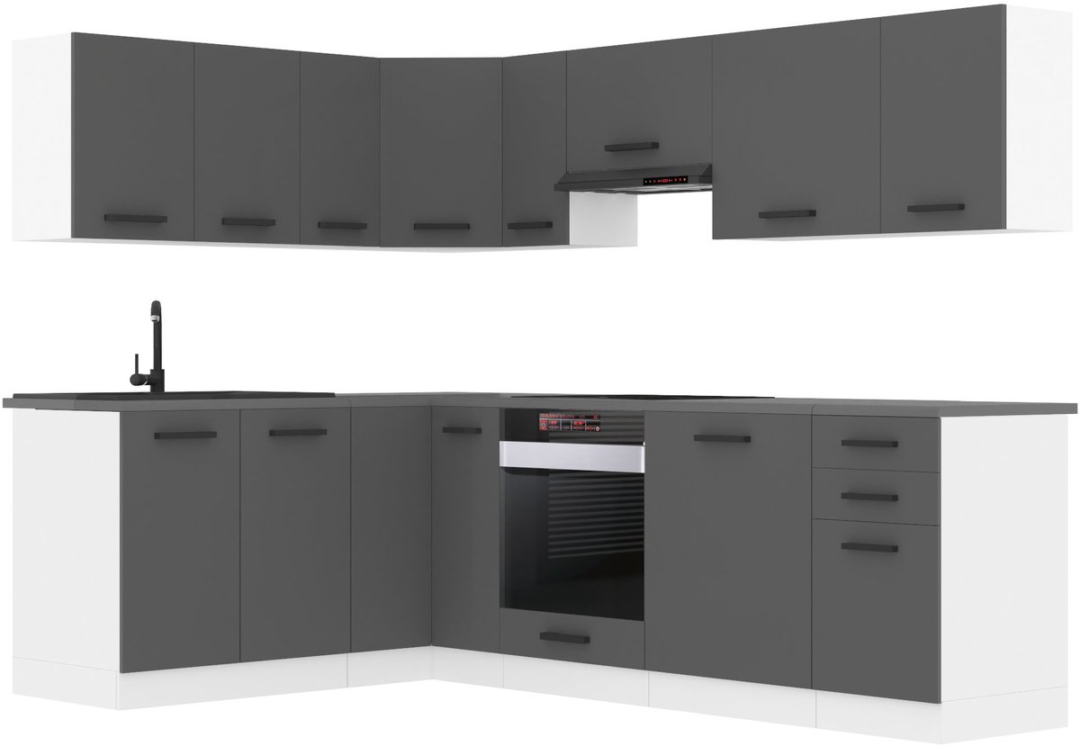 BELINI L-Vorm Keukenblok JANET - Keukenmeubel Set 360 cm Zilver Mat zonder Werkbladen - Boven- en Onderkasten