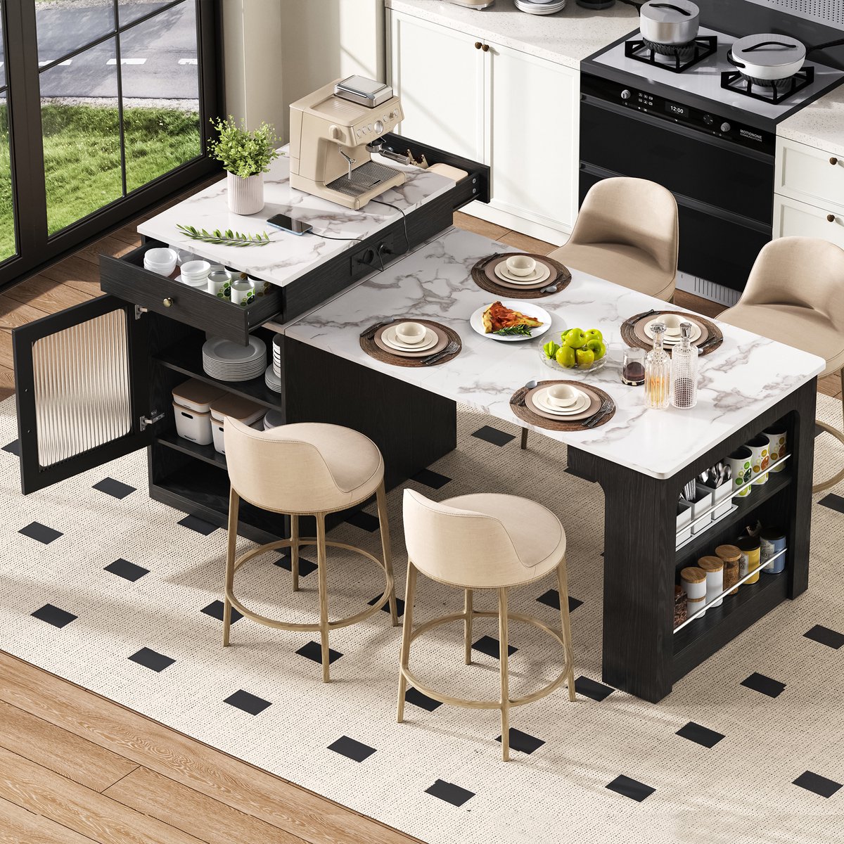 KOMHTOM - Keukeneiland en Keukentafel - Uitschuifbare Eettafel met Afneembaar Blad - Bartafel met Stekkerdozen en Wieltjes - Te gebruiken als Aanrecht, Dressoir of Bartafel - Voor Keuken en Eetkamer (Zwart)