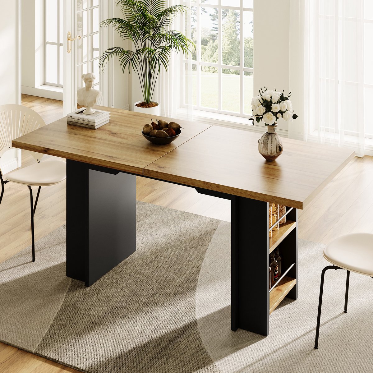 KOMHTOM - Telescopische Keukentafel - Uitschuifbare Eettafel met Planken - 120-160 x 80 cm - Met Ingebouwde Inlegplaten - Houtkleurig - Voor Keuken en Woonkamer