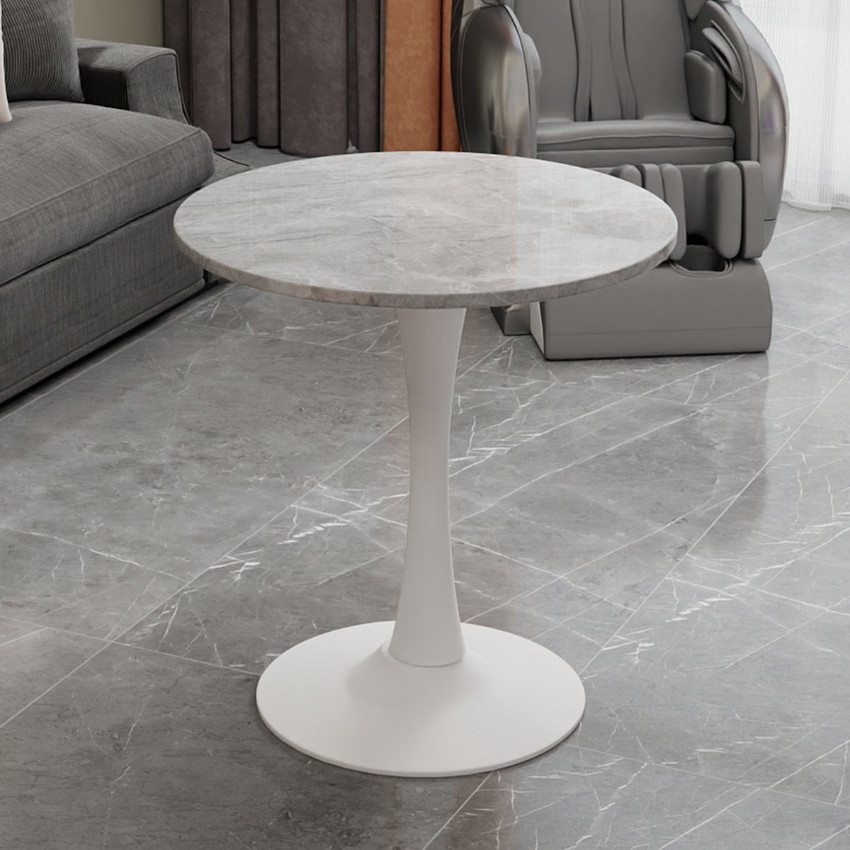KOMHTOM - Ronde Salontafel en Eettafel - Mid-Century Modern Stijl - 27,6 Inch - Rond Marmeren Tafelblad met Lichtgrijs Geaderde Afwerking - Wit - Geschikt voor 2-4 Personen