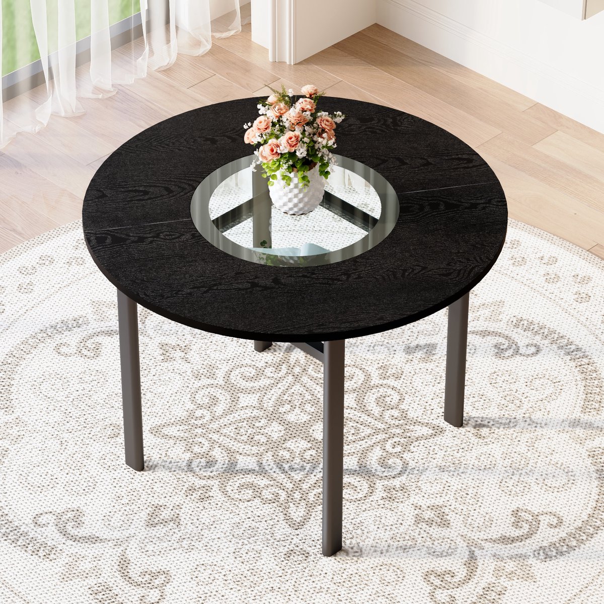 KOMHTOM - Ronde Eettafel - Modern en Minimalistisch Ontwerp - 100 cm Diameter - Zwarte Houtnerf met Grijs Glazen Inzetstuk - Metalen Stabiliteitsframe - Geschikt voor 2-4 Personen