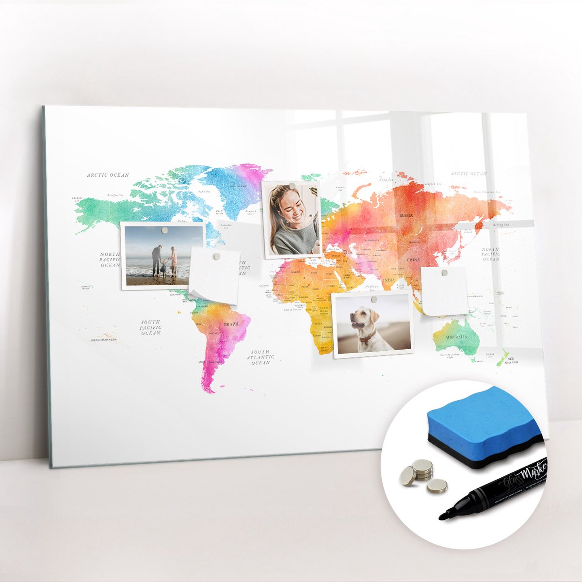 Tulup Whitebord - Aquarel wereldkaart - 90 x 60 cm - Veelkleurig Foto Magneetbord - Gratis 5 Sterke Magneten + Whiteboard Marker & Wisser - Moderne Wanddecoratie - Magnet Board - Notitiebord Werkplek