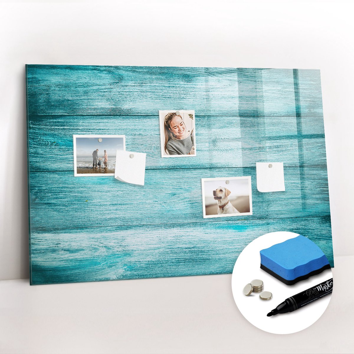 Tulup Whitebord - Blauw oud hout - 90 x 60 cm - Blauw Magneetbord Design - Gratis 5 Sterke Magneten + Whiteboard Marker & Wisser - Decoratief Magnetisch Bord - Memobord Glas - Productiviteit Tools