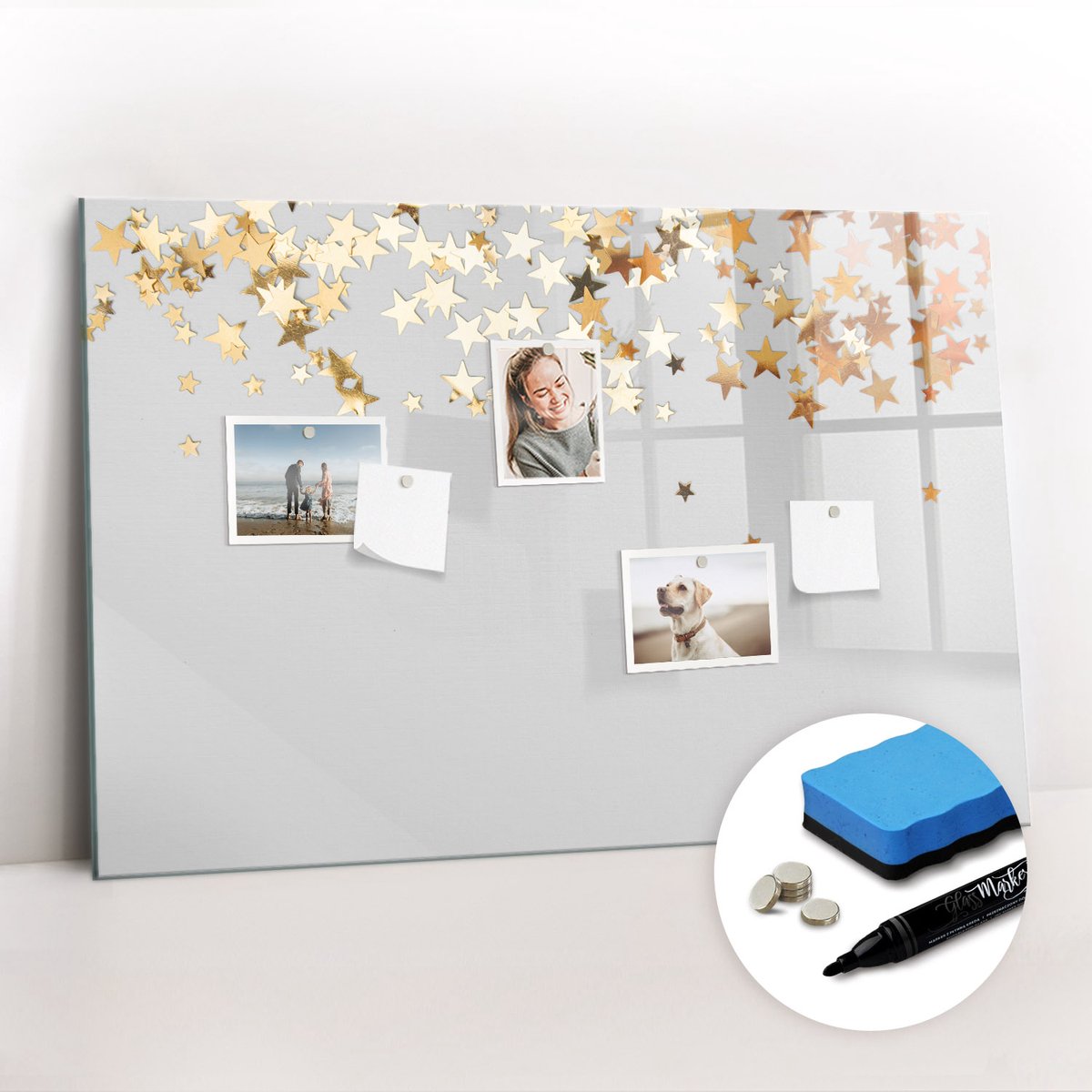 Tulup Whitebord - Sterren - 90 x 60 cm - Grijs Magnetisch Wandbord - Gratis 5 Sterke Magneten + Whiteboard Marker & Wisser - Moderne Wanddecoratie - Magnetisch Bord - Organiseer Je Bureau