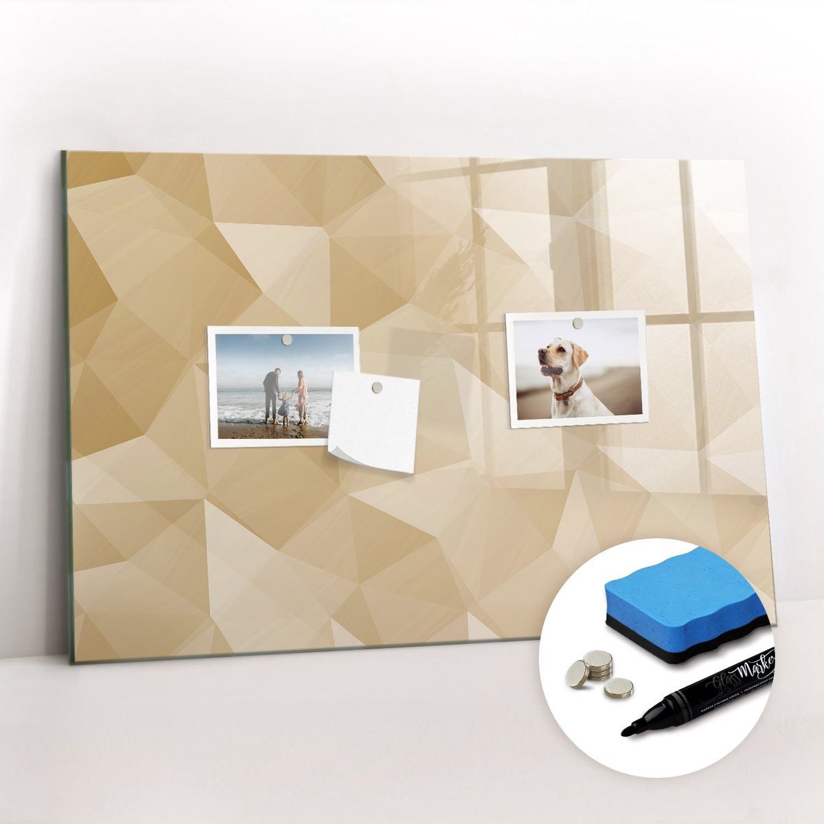 Tulup Whitebord - Abstracte pastelkleurige driehoeken - 60 x 40 cm - Geel Memobord Magnetisch - Gratis 5 Sterke Magneten + Whiteboard Marker & Wisser - Wanddecoratie Kantoor - Magnetisch Wandbord - Ideeënbord Thuiswerkplek